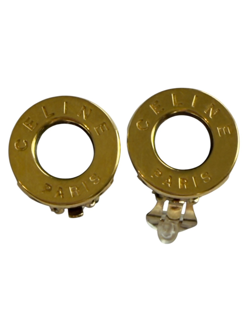Vintage Celine Paris Gold Tone Logo Clip-On Earrings